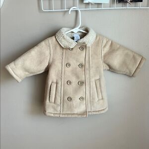 Baby GAP faux suede sherpa lined double breasted coat, 3-6 months tan jacket y2k